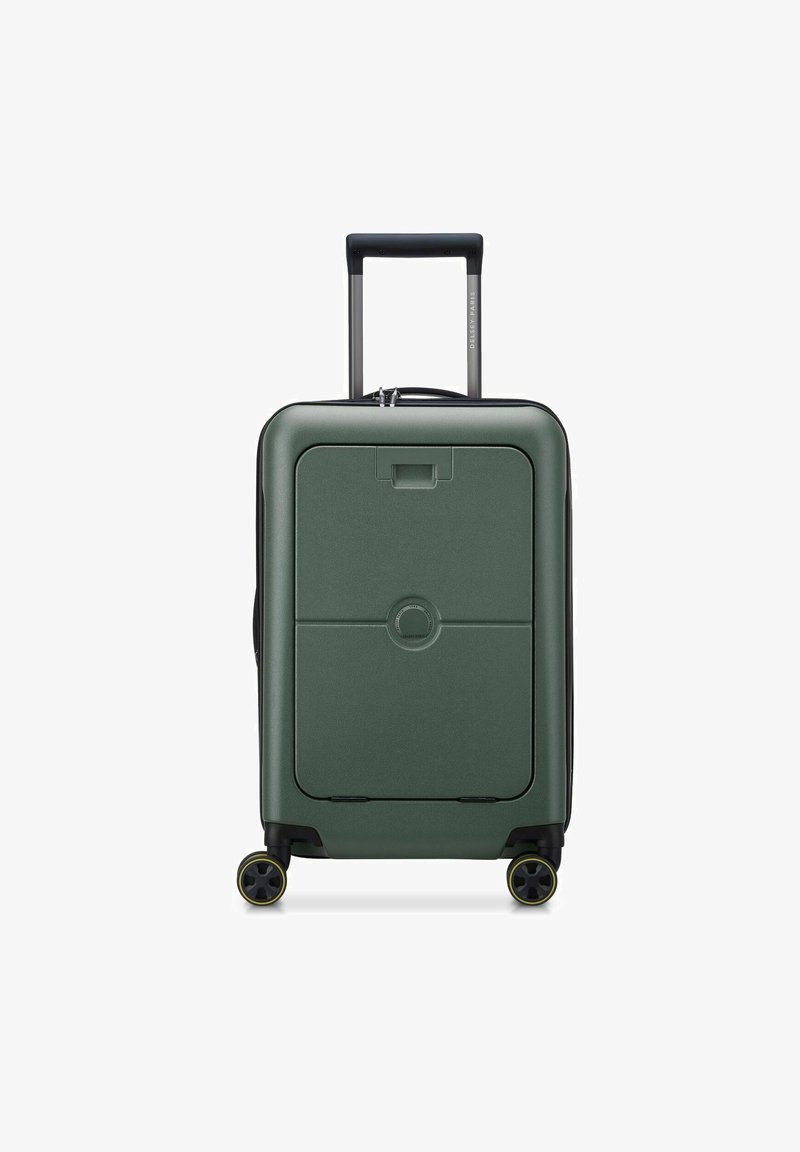 Valise rigide vert foncé avec un design rectangulaire, une poignée rétractable, des accents noirs et des roues jaunes. Présente une texture lisse.