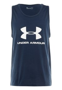 Tummansininen, hihaton puuvillainen toppi, jossa on suuri valkoinen "Under Armour" -logo ja pyöreä pääntie. Sileä pinta ja rento istuvuus.