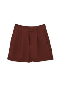 Burgundské šortky vyrobené z hladké látky, s klasickým designem, plochým předním dílem, bočními kapsami a obroubeným lemem.