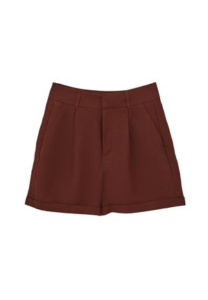 Shorts bourgogne en tissu lisse, avec un design classique, devant plat, poches latérales et ourlet roulé.
