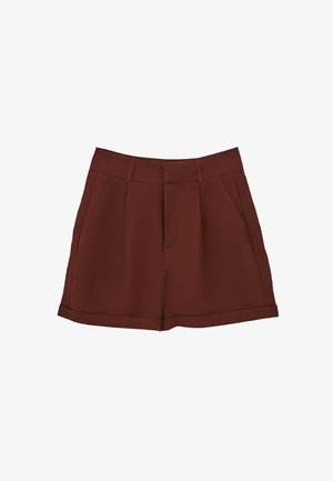 Burgundy shorts made of a smooth fabric, featuring a classic design with a flat front, side pockets, and a rolled hem.