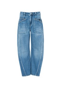 Šviesiai mėlyni džinsai su laisvu pjūviu, turintys dvi priekinės ir dvi galinės kišenes, kontrastingą siuvinėjimą ir siaurėjantį kelnių kirpimą.