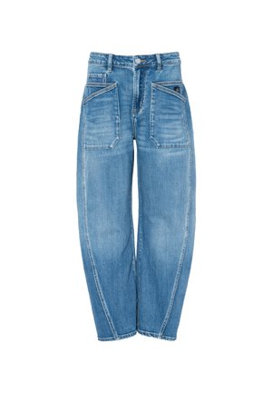 Lichtblauwe denim jeans met een relaxed fit, voorzien van twee voorkruiszakken en twee achterzakken, contrasterende stiksels en een taps toelopend ontwerp.