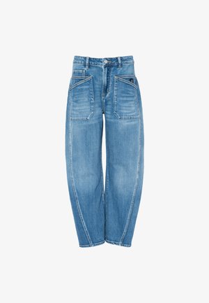 Lichtblauwe denim jeans met een relaxed fit, voorzien van twee voorkruiszakken en twee achterzakken, contrasterende stiksels en een taps toelopend ontwerp.