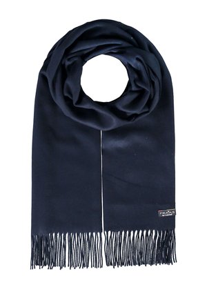 Sciarpa blu navy realizzata in morbido tessuto, con estremità frangiate e un'etichetta con logo, progettata in un design ad anello per una facile vestibilità.