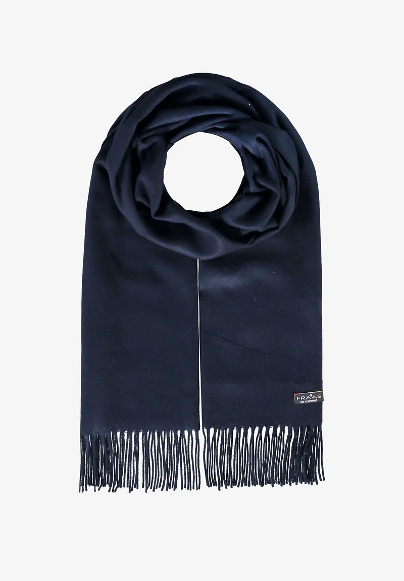 Écharpe bleu marine en tissu doux, avec des extrémités à franges et un patch logo, conçue en boucle circulaire pour un port facile.