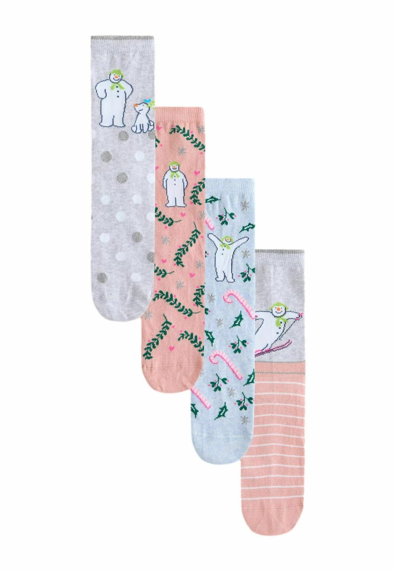 Four pairs of patterned socks: gray with polka dots, pink with a snowman and foliage, light blue with a snowman on a ski, and striped pastel.