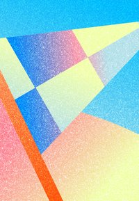 Αφηρημένα γεωμετρικά σχήματα με γωνιακές γραμμές και αλληλεπικαλυπτόμενα διαφανή μπλοκ σε μπλε, κίτρινο, ροζ, πορτοκαλί και μοβ, με υφή κόκκου.