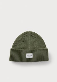 Dark green knitted beanie with a folded ribbed cuff. Features a small white label with "ARKK" branding stitched on the front.