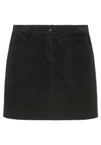 Mini-jupe en velours côtelé noir avec une silhouette ajustée, design à cinq poches, fermeture à bouton et texture à nervures verticales.