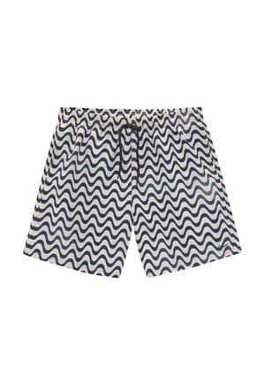 Shorts de bain avec un motif ondulé bleu marine et blanc, taille élastique avec cordon de serrage, fabriqués en tissu texturé pour un séchage rapide.