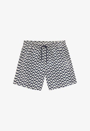 Lainepüksid sinise ja valge lainelise mustriga, elastne vöökoht koosstringsiga, valmistatud tekstureeritud kangast, mis kuivab kiirelt.