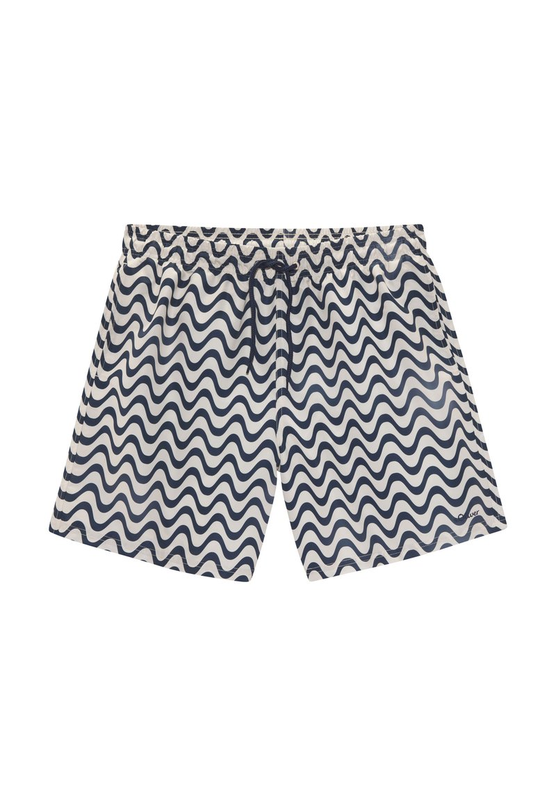 Boardshorts s valovitim mornarsko plavim i bijelim uzorkom, elastična struk s vezicom, izrađeni od teksturirane tkanine za brzo sušenje.
