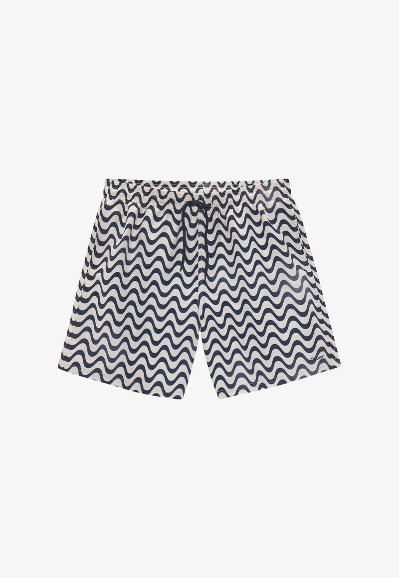 Kraťasy na plávanie s vlnitým námorníckym modrým a bielym vzorom, elastický pás so šnúrkou, vyrobené z textúrovanej tkaniny pre rýchle schnutie.
