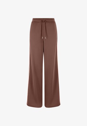 Pantaloni marroni a gamba larga con vita elastica e coulisse, con strisce bianche laterali, progettati per un utilizzo casual.