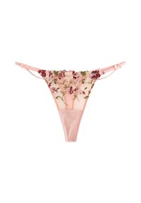 Lyserøde gennemsigtige trusser med blomsterbroderi i burgundy, lys pink og grøn, med tynde sidebånd og små sløjfer.