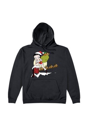 Sort hættetrøje med en tegneseriefigur i en julesok, der holder en grøn sæk med gaver og står på en murstensskorsten.