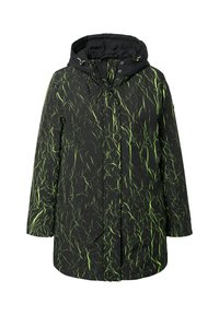 Sort vinterjakke med neongrønne abstrakte striber, hætte med snore, frontlynlås og trykknaplukning.