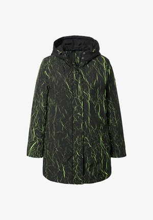 Czarny zimowy płaszcz z neonowymi zielonymi abstrakcyjnymi smugami, z przypinaną kapturem na sznurki, z zamkiem błyskawicznym z przodu i zapięciem na zatrzask.