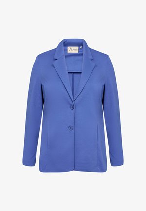 Blazer blu in tessuto morbido, caratterizzato da un collettino a scendino, due bottoni e maniche lunghe; design semplice e su misura.