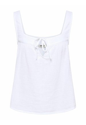 Blouse blanche sans manches avec col carré et détail noué à l'avant, en tissu léger texturé.