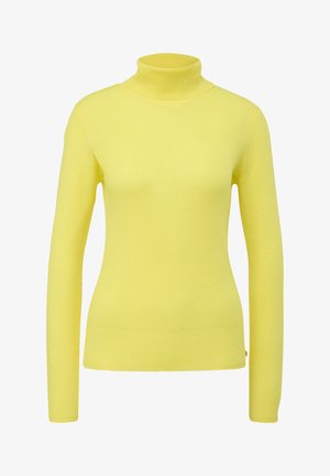 Żółty sweter z golfem, prążkowany, z długimi rękawami, bezszwowy design, miękka tekstura i dopasowany krój. Brak widocznych logotypów lub wzorów.