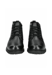 Botas de cuero negras hasta el tobillo con puntera redonda, suela de goma resistente y diseño con cordones. Cuenta con un forro suave en el cuello.