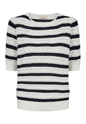 Witte gebreide trui met korte mouwen, zwarte horizontale strepen en een getextureerd stippenpatroon, met een ronde halslijn en geribbelde boorden en zoom.