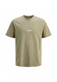 Olivengrønn bomulls-T-skjorte med klassisk rund hals og korte ermer, med en liten hvit logo på brystet. Enkel og uutsmykket design.