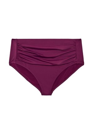 Bas de bikini violet taille haute avec panneau avant froncé et tissu lisse, conçu pour les maillots de bain.