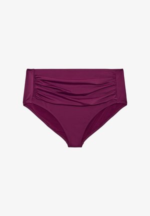 Høj talje lavendel bikiniunderdel med rynket forpanel og glat stof, designet til badetøj.