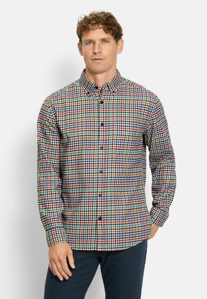 Button-up shirt featuring a multicolored checkered pattern with red, green, blue, and yellow squares; made of woven fabric with a collar.