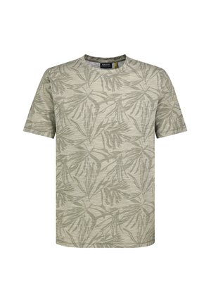 Short-sleeve crew neck t-shirt in light gray with an all-over subtle dark gray leaf pattern.