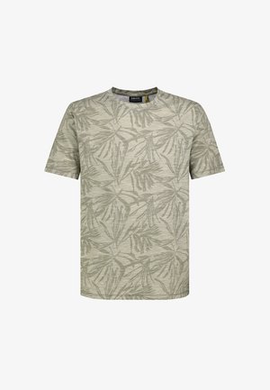 Short-sleeve crew neck t-shirt in light gray with an all-over subtle dark gray leaf pattern.