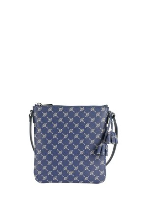 Navy blue leather crossbody bag featuring a patterned design, tassel accents, a zip closure, and an adjustable shoulder strap.