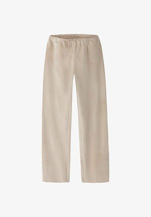 Beige, gerippte Hose mit weitem Bein und elastischem Bund. Der Stoff hat eine weiche Textur, mit vertikalen Streifen und geradem Schnitt.