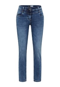 Jeans en denim bleu clair avec une coupe droite, dotés de cinq poches, d'une fermeture à bouton métallique et d'un léger délavé le long des cuisses.