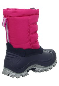 Roze geïsoleerde laars met een hoge schacht, textielmateriaal en een donkerblauwe rubberen zool. Bevat een zijrits en grijze profielpatronen op de zool.