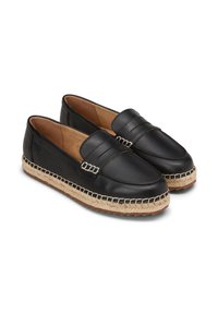 Black leather loafers with woven jute soles. Features a smooth finish, stitched accents, and a classic slip-on design.