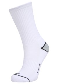 Chaussette de sport blanche avec une texture côtelée, un talon renforcé et un accent gris. Présente une bande noire près de l'orteil. Design léger.