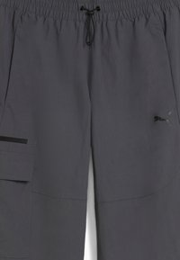Graue, leichte Shorts mit einem elastischen Bund, einem Kordelzug, einer Seitentasche und einem dezenten Logo-Detail am Unterschenkel. Weicher Stoff.