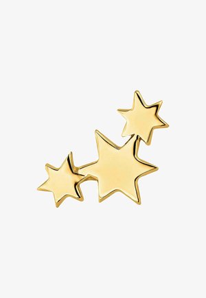Broche en forma de estrella en tono dorado que presenta tres estrellas de diferentes tamaños, con superficie lisa y acabado metálico pulido.