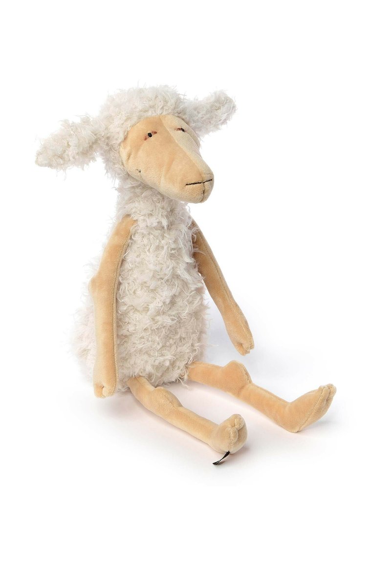 Plush sheep toy with a fluffy white body, tan limbs, and facial features. It has a simple design with stitched eyes and a curved snout.