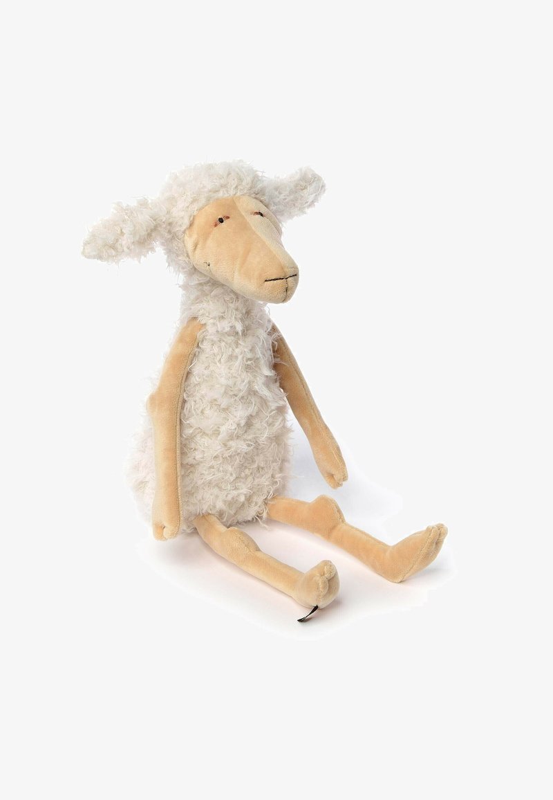Plush sheep toy with a fluffy white body, tan limbs, and facial features. It has a simple design with stitched eyes and a curved snout.