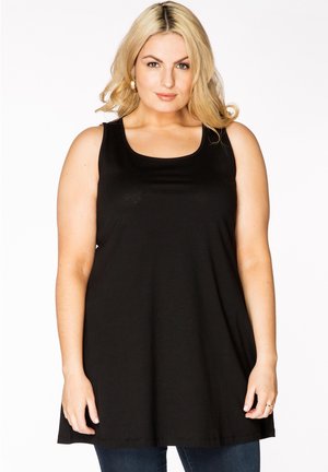 Zwarte mouwloze tanktop met een ronde halslijn, gemaakt van zacht katoen, met een ontspannen pasvorm die soepel uitloopt aan de zoom.