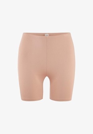 Nahtlose, hautfarbene Damen-Biker-Shorts mit hohem Bund und mittlerer Oberschenkel-Länge, ausgestattet mit einem kleinen Stoffmarkenetikett am Bund.