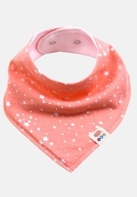Koraalroze bandana-slabber met witte sterrenprint, van katoen materiaal, met drukknoopsluiting bij de hals en een merklabel met een klein dierenontwerp.