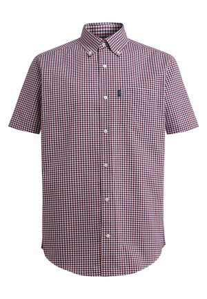 Chemise à manches courtes à boutons avec un petit motif à carreaux rouge, blanc et bleu et une poche sur la poitrine gauche.