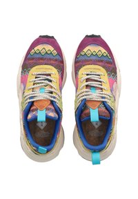 Multicolored sneakers featuring knit fabric with geometric patterns, a padded collar, and a beige rubber sole. Blue and yellow accents present.