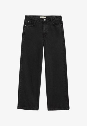 Jeans neri a gamba larga con tasche anteriori e posteriori, chiusura con bottone e passanti per cintura, stesi su uno sfondo bianco.